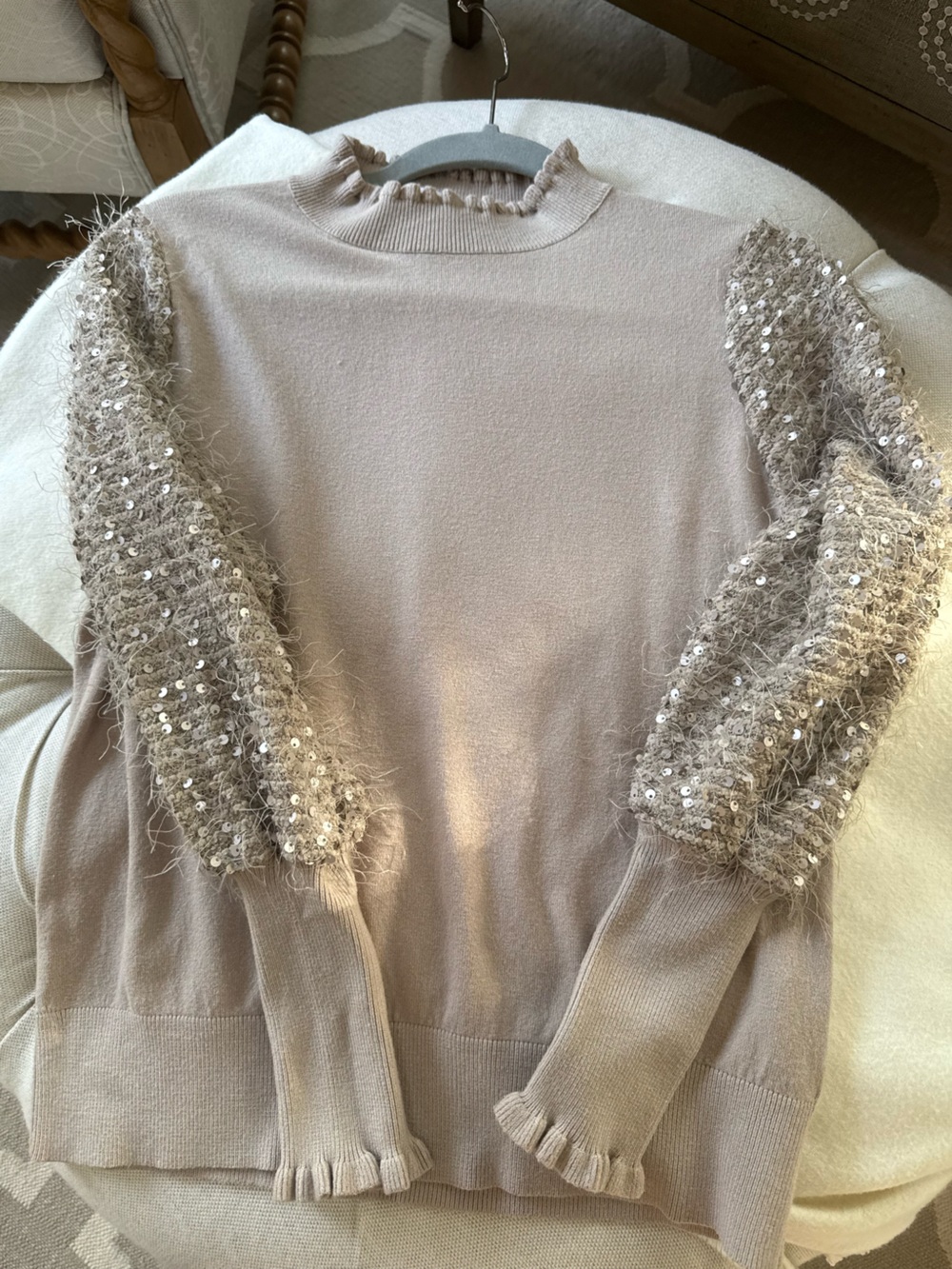 Sioni Taupe Mock Neck Sweater with Sequin Fringe Sleeves and sweater cuffs. PM